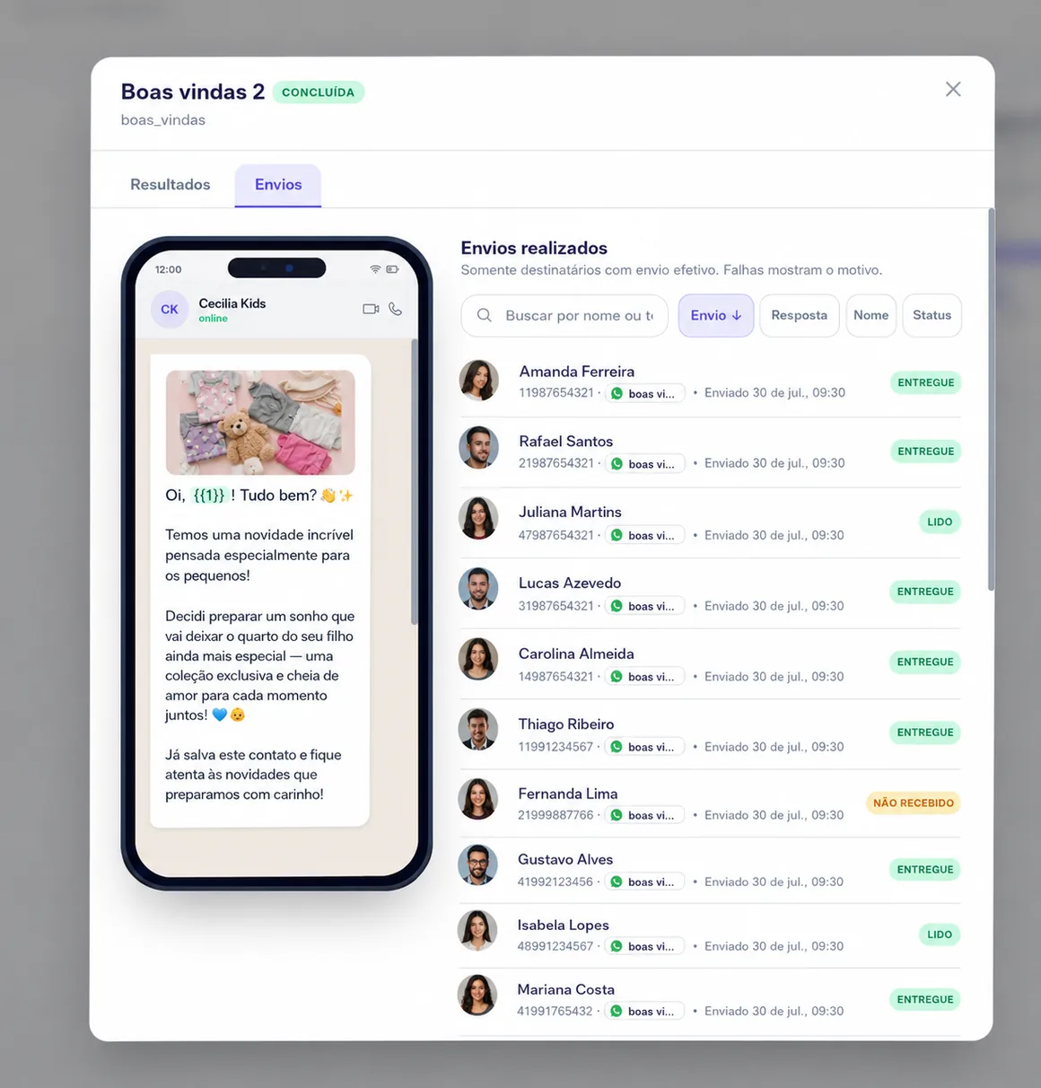 Detalhe de uma campanha da Chatsell com pré-visualização da mensagem e lista de envios realizados